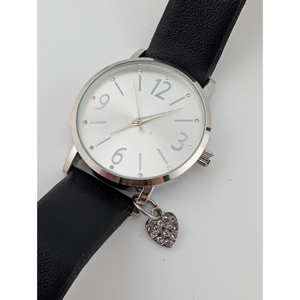 Accutime‎ Watch Women 34mm Silver Case Heart Charm Black Band- New Battery